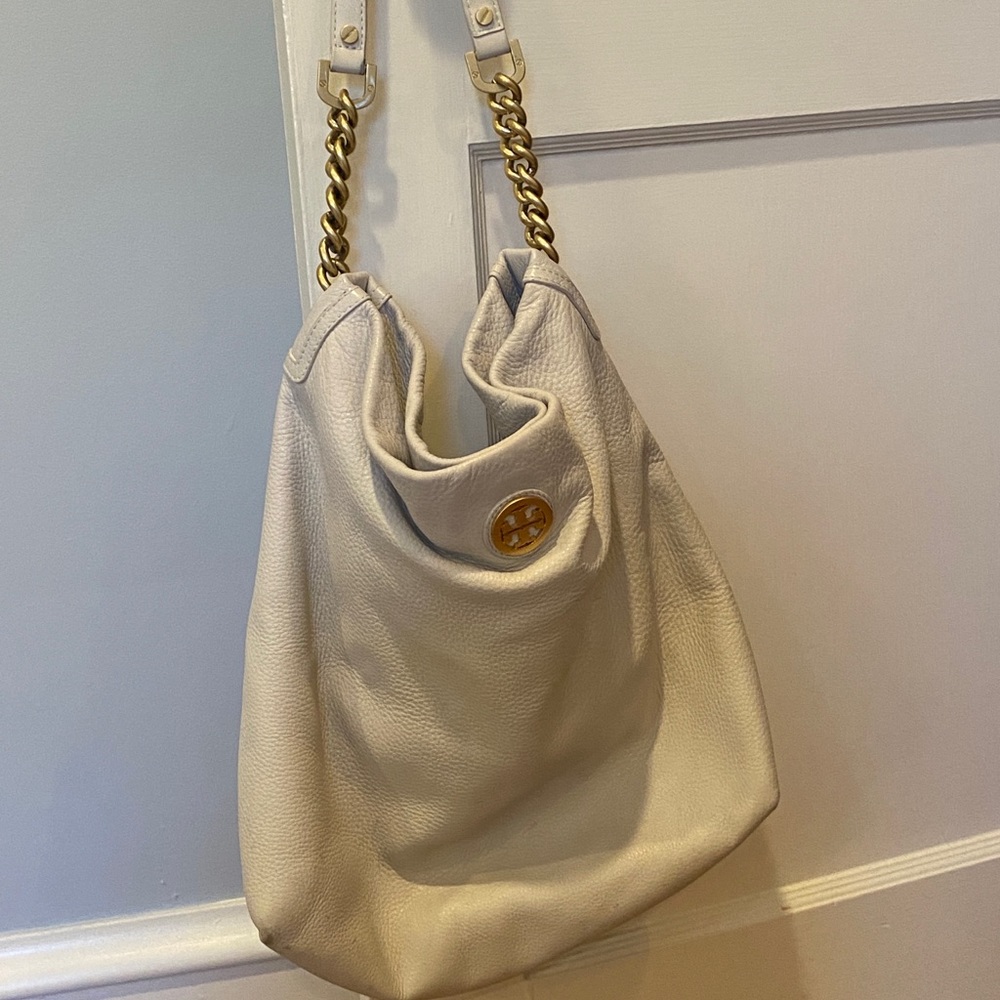 Tory Burch Tumbled Leather Hobo - Ivory with Gold Hardware